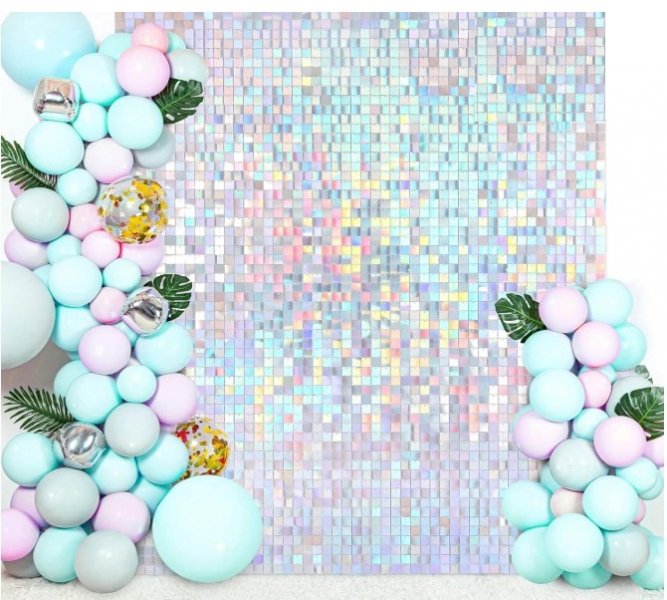 Iridescent Silver Shimmery Wall with Balloon Garland